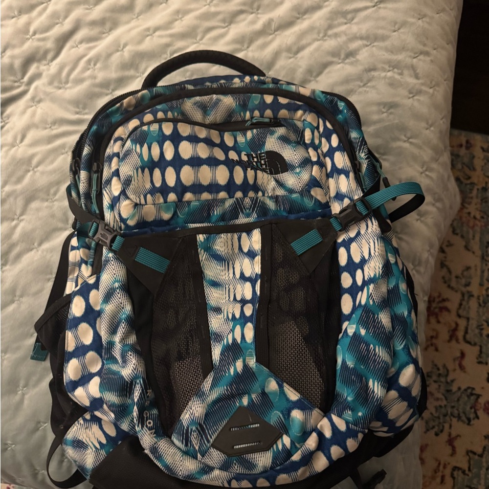The North Face Teal and Black Patterned Backpack